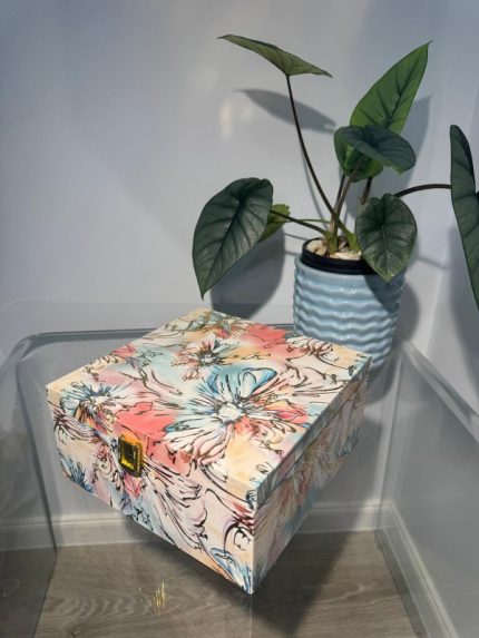 Compact square floral gift box in pastel watercolour pattern with gold latch