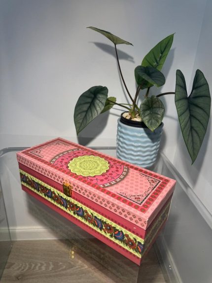 Pink rectangular 3-jar gift box with gold mandala panel and patterned borders