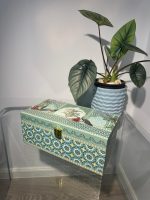 Teal mosaic rectangular 2-jar gift box with peacock panels and gold clasp