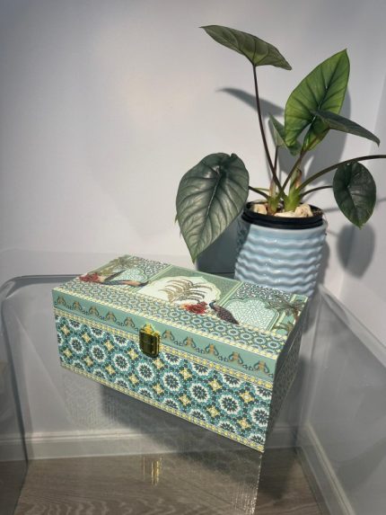 Teal mosaic rectangular 2-jar gift box with peacock panels and gold clasp